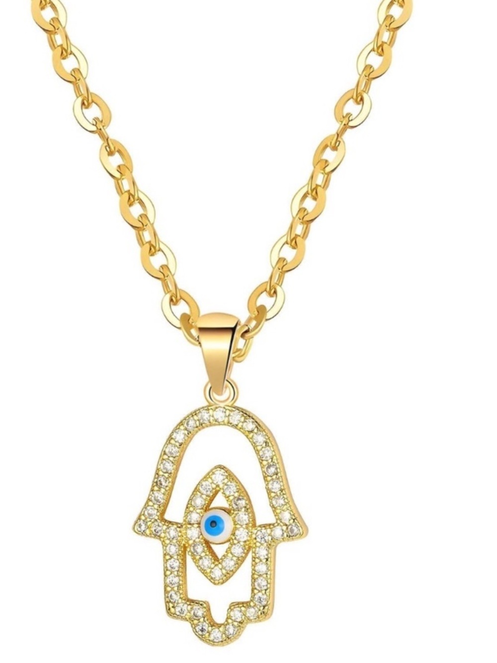 18K Gold Plated Hamsa Evil Eye CZ Pendant Necklace Waterproof